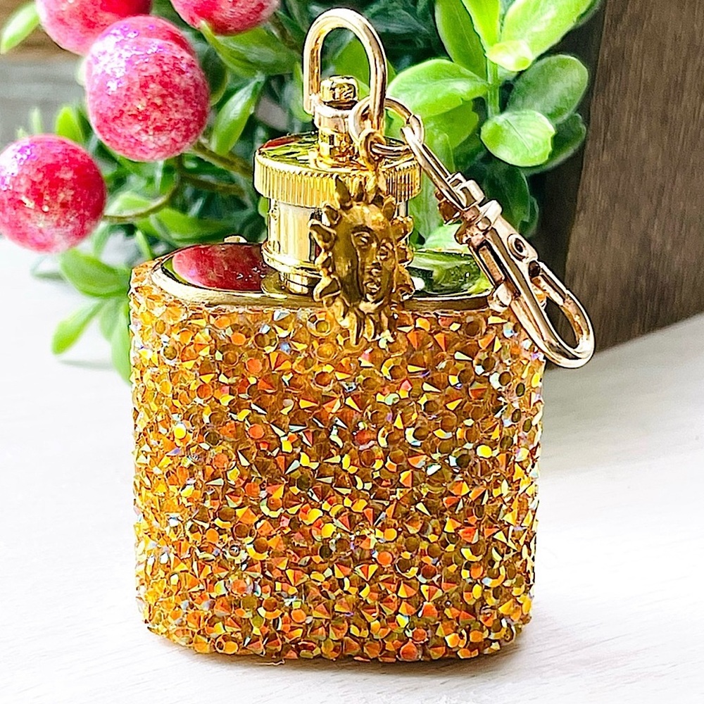 MINI FLASK crystal encrusted keyring IRIDESCENT keyfob CELESTIAL mini flask GOLD